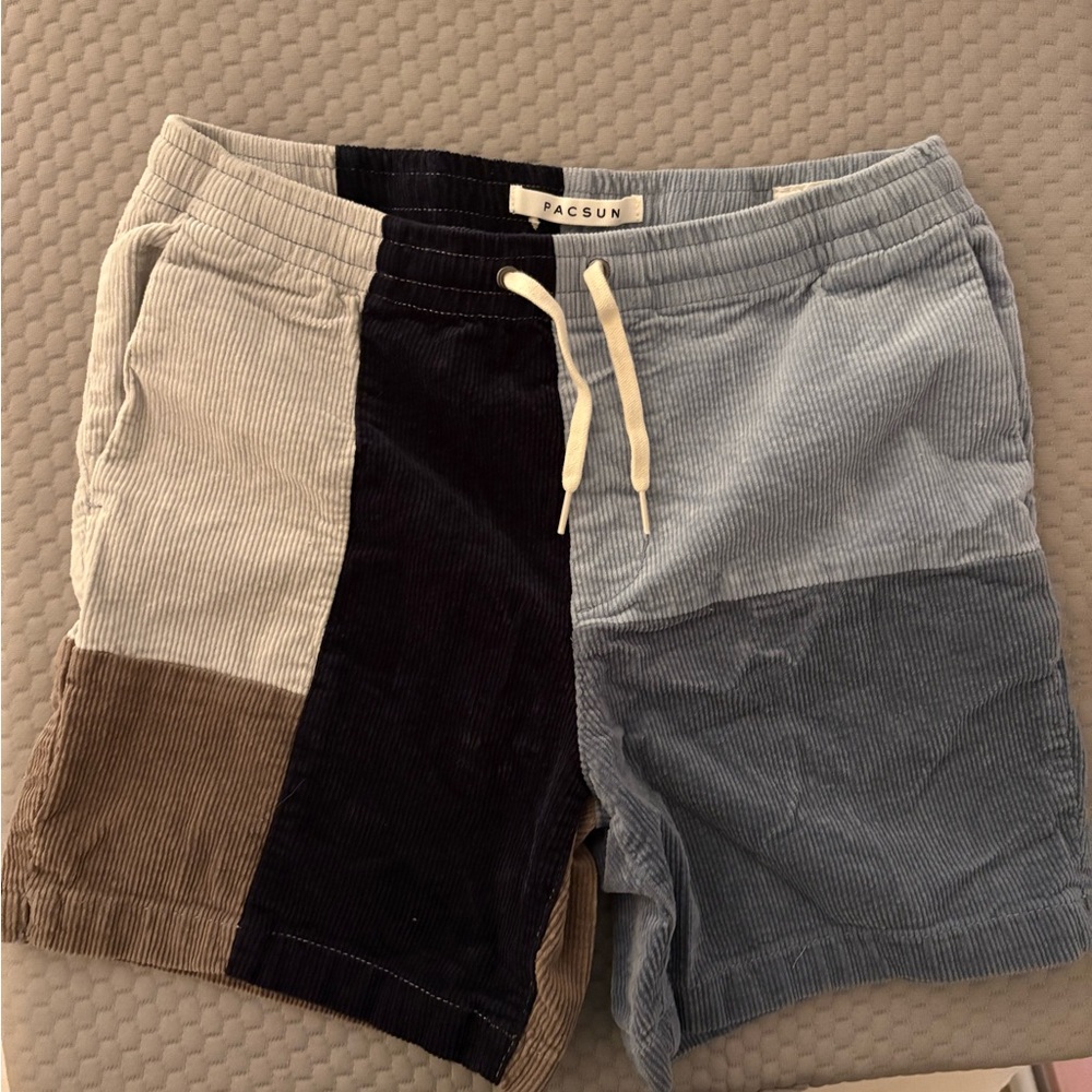 PacSun Men's Patchwork Corduroy Shorts - Blue, Black, Tan